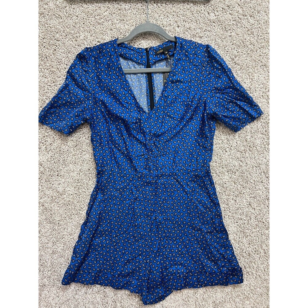 “Maje Blue Printed Romper Women Size 36 Short Sleeve V-Neck Casual Jumpsuit”